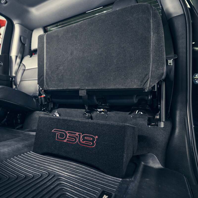 DS18 Single 10in Shallow Subwoofer and Enclosure 600 Watts RMS Downfiring Sealed Black Carpet