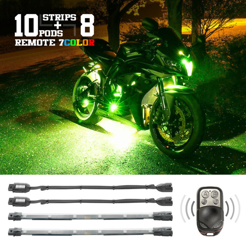 XKGLOW XK Glow Flex Strips 7 Color LED Accent Light Motorcycle/ATV Kit (10xCompact Pods + 8x10In)