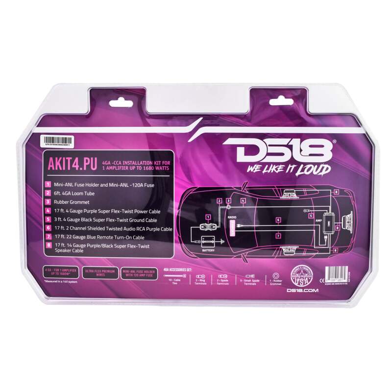 DS18 4-GA Amplifier Install Kit Advance- Purple
