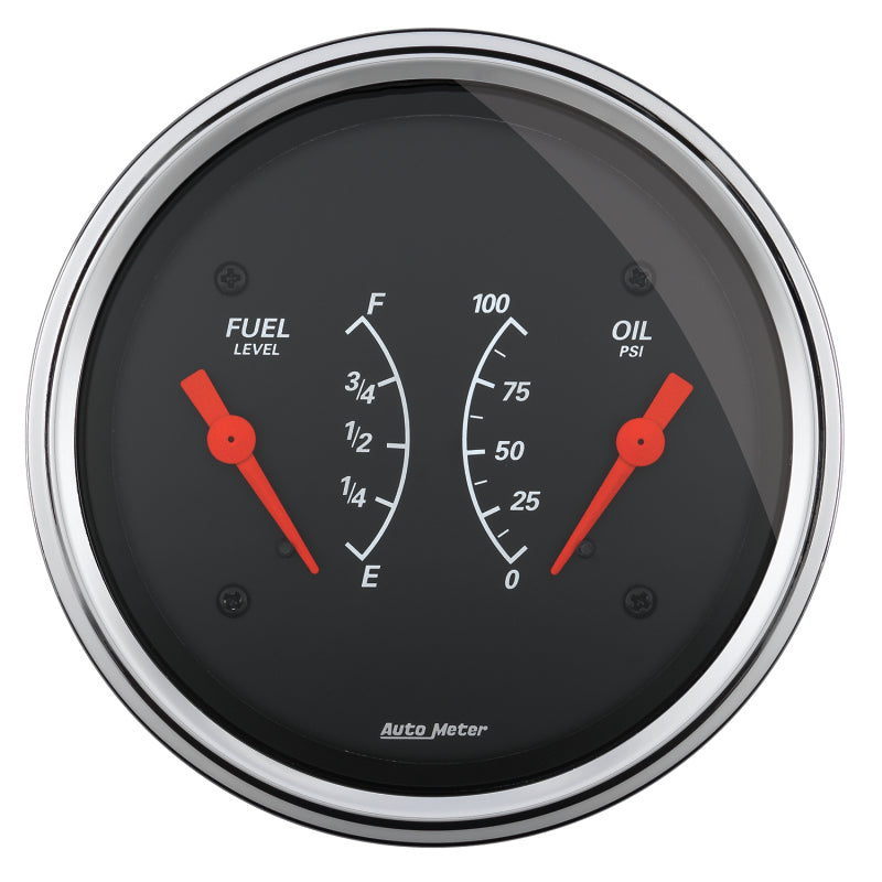 AutoMeter Gauge Dual Fuel & Oilp 3-3/8in. 0 Ohm(e) to 90 Ohm(f)& 100PSI Elec Designer Black