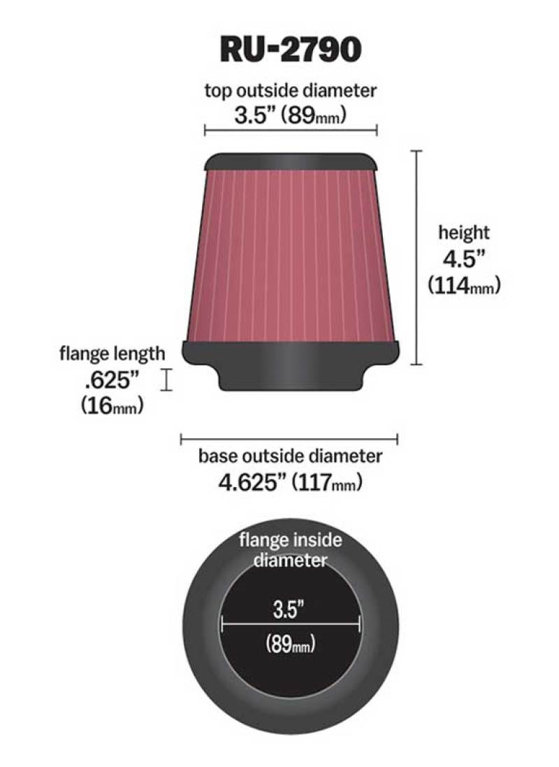 K&N Engineering K&N Filter Universal Rubber Filter 3 1/2 inch Flange 4 5/8 inch Base 3 1/2 inch Top 4 1/2 inch Heigh