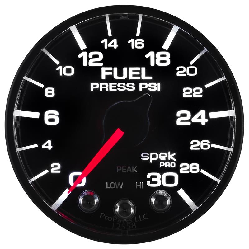Autometer Spek-Pro Gauge Fuel Press 2 1/16in 30psi Stepper Motor W/Peak & Warn Blk/Blk