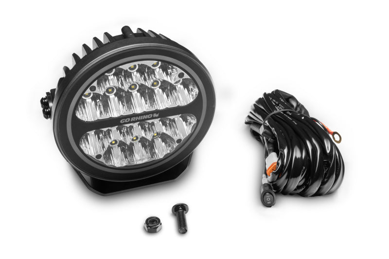 Go Rhino Xplor Blackout Series Round LED Driving Light w/DRL (Surface/Threaded Stud Mnt) 7in. - Blk