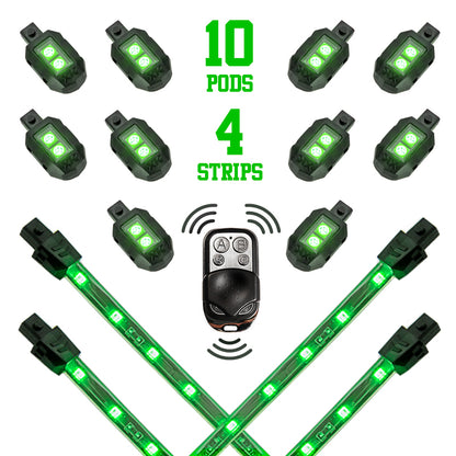XKGLOW XK Glow Strips Single Color XKGLOW LED Accent Light Motorcycle Kit Green - 10xPod + 4x8In