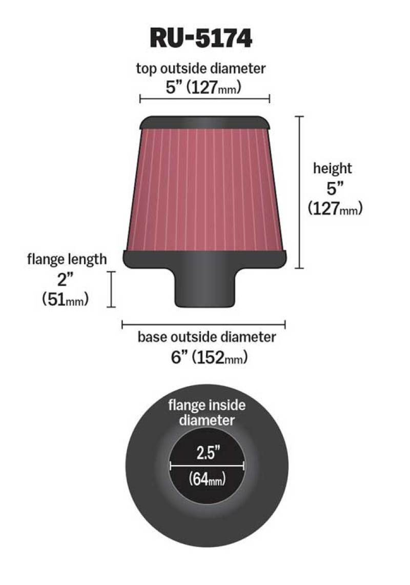 K&N Engineering K&N Universal Rubber Filter-Round Tapered 2.5in Flange ID x 6in Base OD x 5in Top OD x 5in Height