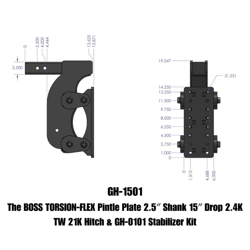 GEN-Y Hitch Gen-Y The Boss Torsion-Flex Pintle Plate 2.5in Shank 15in Drop 21K Hitch w/GH-0100 Stabilizer Kit
