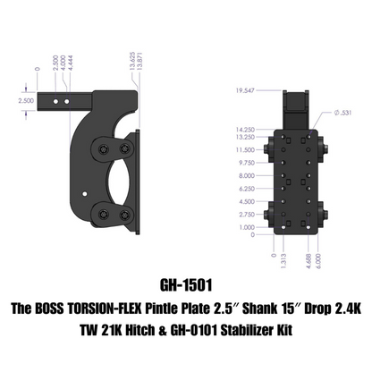 GEN-Y Hitch Gen-Y The Boss Torsion-Flex Pintle Plate 2.5in Shank 15in Drop 21K Hitch w/GH-0100 Stabilizer Kit