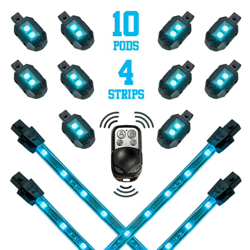 XKGLOW XK Glow Strips Single Color XKGLOW LED Accent Light Motorcycle Kit Light Blue - 10xPod + 4x8In