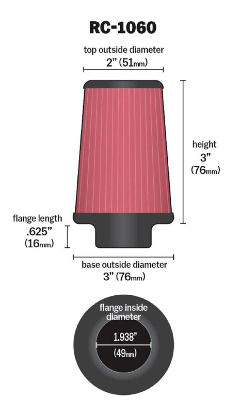 K&N Engineering K&N Universal Chrome Filter 1 15/16 inch FLG / 3 inch Base / 2 inch Top / 3 inch Height