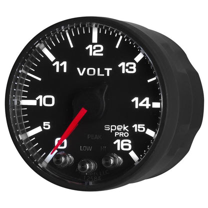 AutoMeter Gauge Voltmeter 2-1/16in. 16V Stepper Motor W/Peak & Warn Blk/Blk Spek-Pro