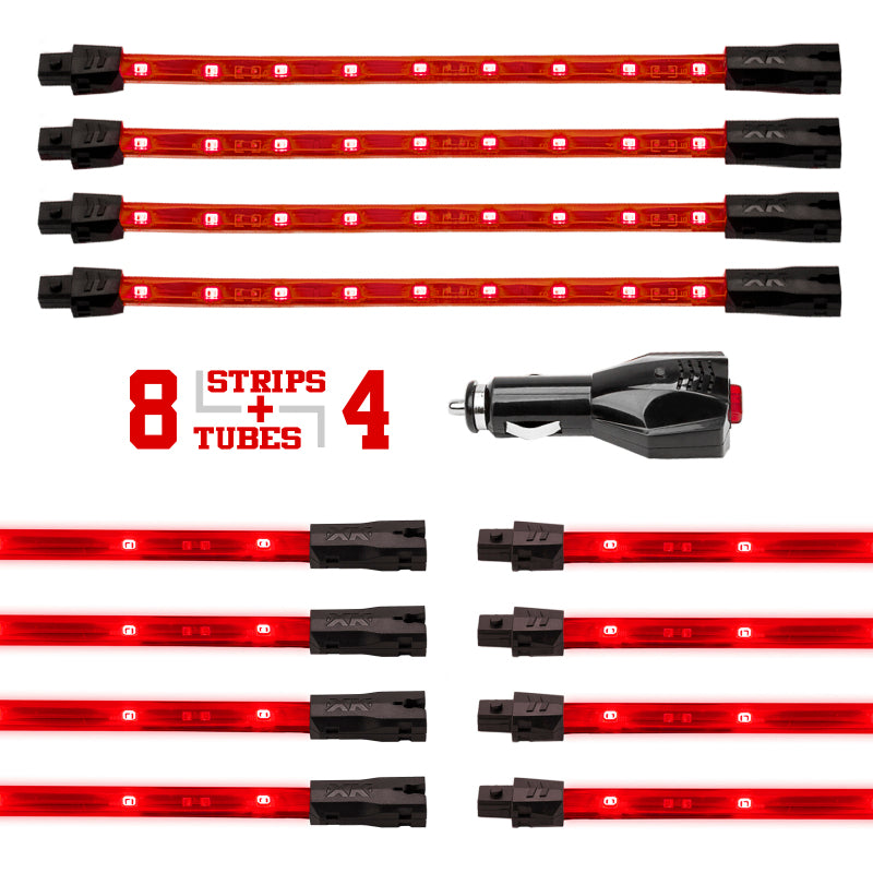 XKGLOW XK Glow Single Color XKGLOW UnderglowLED Accent Light Car/Truck Kit Red - 8x24In Tube + 4x8In Strip
