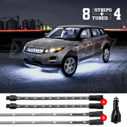 XKGLOW XK Glow Strip Single Color Underglow LED Accent Light Car/Truck Kit White - 8x24In Tube + 4x8In