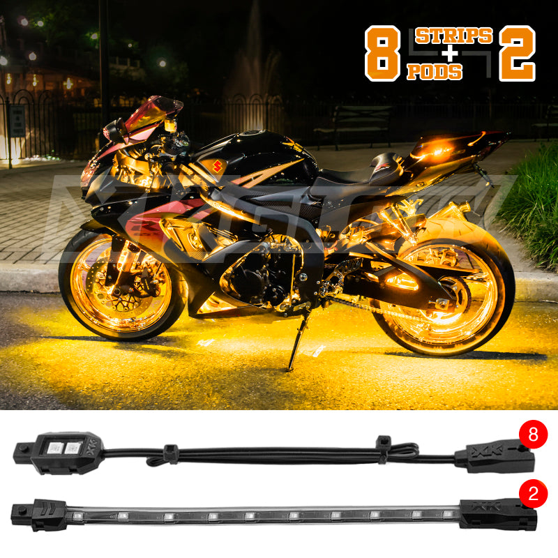 XKGLOW XK Glow Strips Single Color XKGLOW LED Accent Light Motorcycle Kit Amber - 8xPod + 2x8In