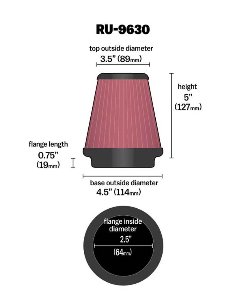 K&N Engineering K&N Universal Tapered Filter 2.5in Flange ID x 4.5in Base OD x 3.5in Top OD x 5in Height