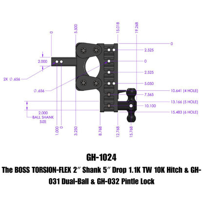 GEN-Y Hitch Gen-Y The Boss Torsion-Flex 2in Shank 5in Drop 10K Hitch w/GH-031 Dual-Ball/GH-032 Pintle Lock