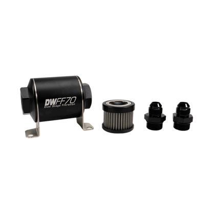 DeatschWerks Stainless Steel 8AN 10 Micron Universal Inline Fuel Filter Housing Kit (70mm)