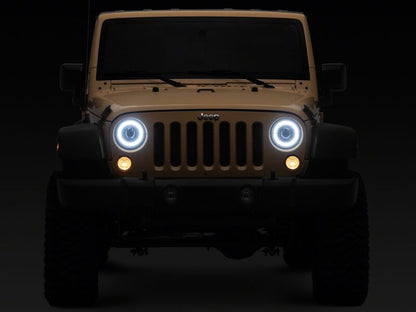 Raxiom 07-08 Jeep Wrangler JK Hi Output LED Headlights/Angel Eye DRL- Black Housing- Clear Lens