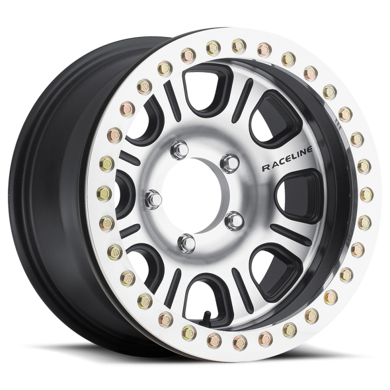 Raceline RT232 Monster 17x8.5in/6x165.1 BP/-12mm Offset/107.95mm Bore - Black & MACH. Beadlock Wheel