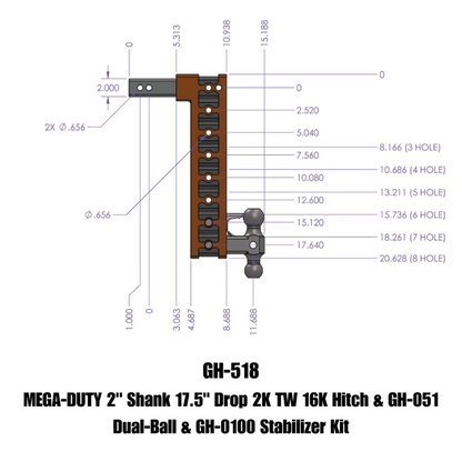 GEN-Y Hitch Gen-Y Mega Duty 2in Shank 17.5in Drop 2K TW 16K Hitch w/GH-051 Dual-Ball/GH-0100 Stabilizer Kit