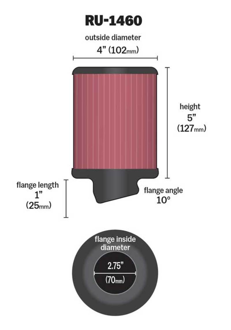 K&N Engineering K&N Filter Universal Rubber Filter 2 3/4 inch 10 Degree Flange 4 inch OD 5 inch Height