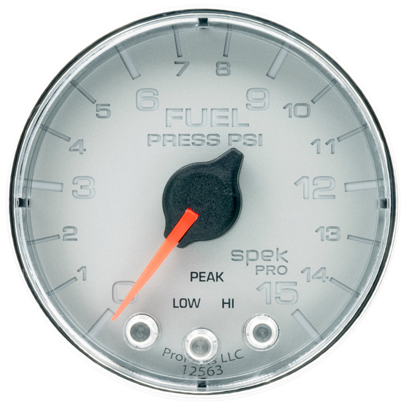 Autometer Spek-Pro Gauge Fuel Press 2 1/16in 15psi Stepper Motor W/Peak & Warn Slvr/Chrm