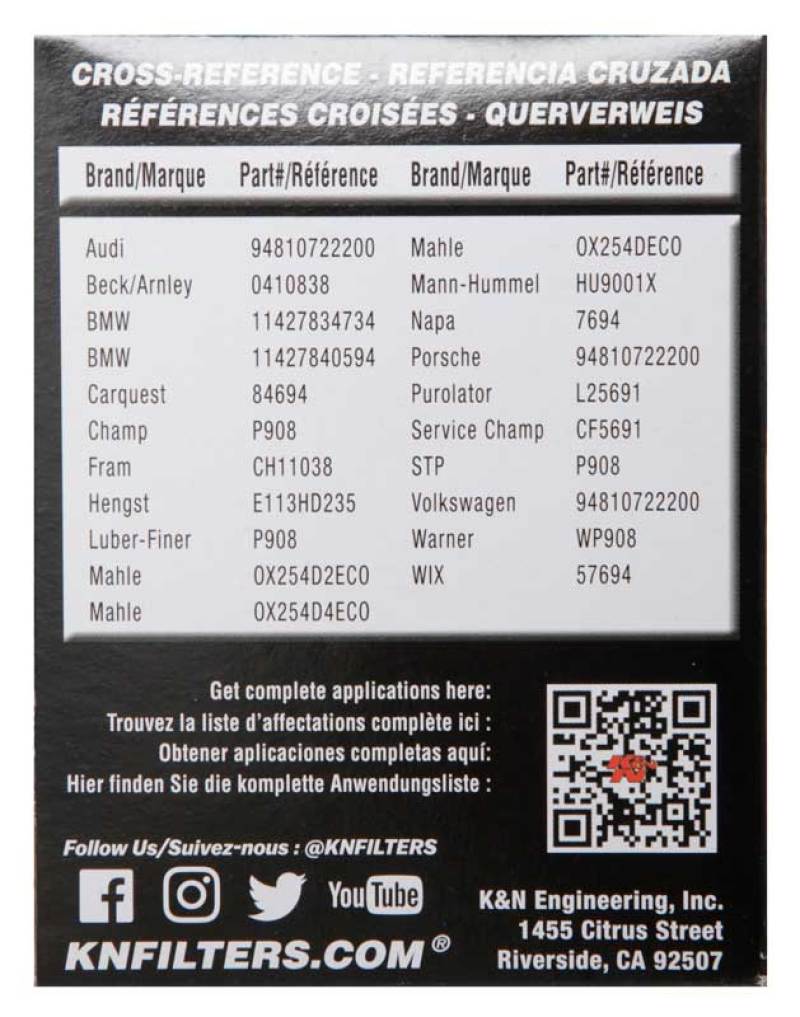 K&N Engineering K&N Performance Oil Filter for 06-11 BMW M5/M6 / 08-15 Porsche Cayenne 4.8L / 10-15 911 3.4L/3.8L