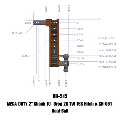 GEN-Y Hitch Gen-Y Mega Duty 2in Shank 10in Drop 2K TW 16K Hitch w/GH-051 Dual-Ball