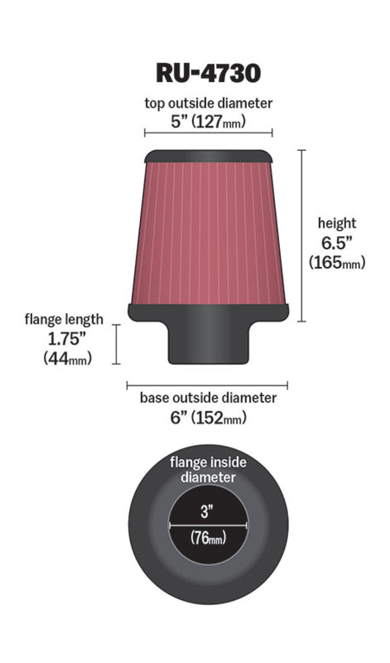 K&N Engineering K&N Filter 3 inch Flange 6 inch Base 5 Top 6 1/2 inch Height