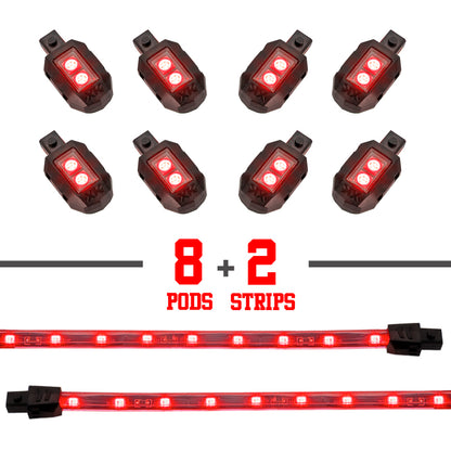 XKGLOW XK Glow Single Color XKGLOW LED Accent Light Motorcycle Kit Red - 8xPod + 2x8InStrips