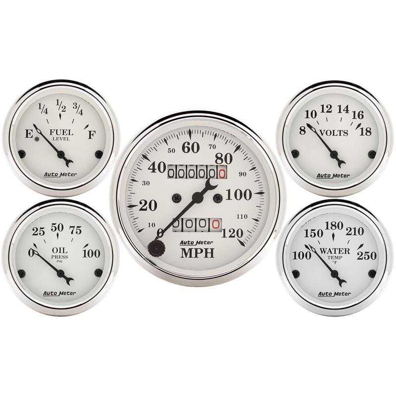 AutoMeter Auto Meter Speedometer 3-1/8in and 2-1/16in Mechanical 5-Piece Old Tyme White Gauge Kit