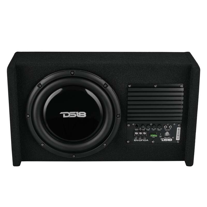 DS18 Single 10in Shallow Subwoofer & Enclosure 300 Watt RMS Downfiring Sealed Black Carpet Amplified