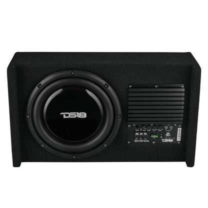 DS18 Single 10in Shallow Subwoofer & Enclosure 300 Watt RMS Downfiring Sealed Black Carpet Amplified