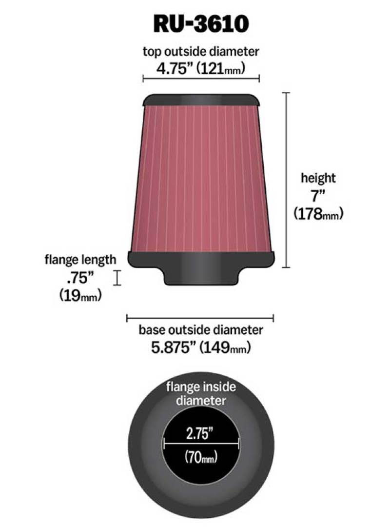 K&N Engineering K&N Universal Rubber Filter 2.75in Flange ID x 5.875in Base OD x 4.75in Top OD x 7in Height