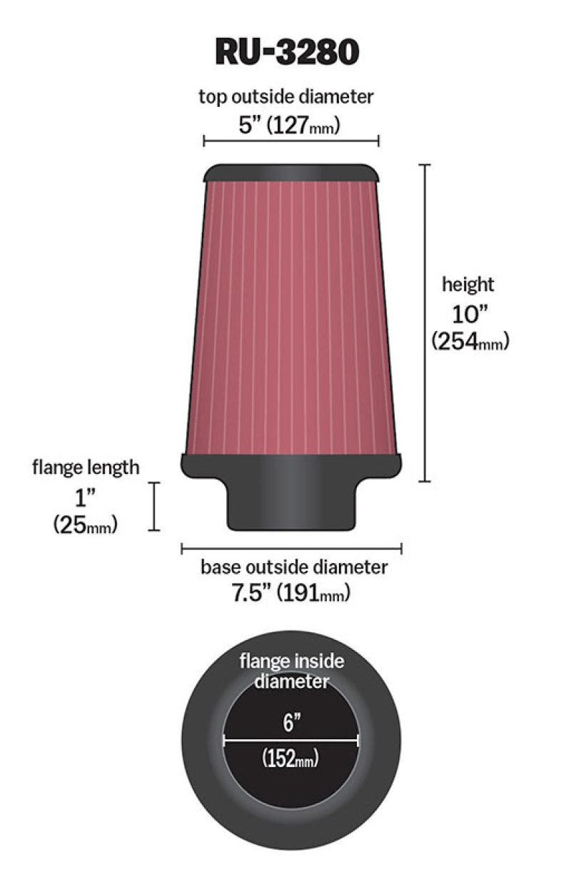 K&N Engineering K&N Filter Universal Rubber Filter 6 inch Flange 7.5 inch Base 5 inch Top 10 inch Height