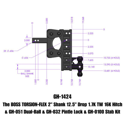 GEN-Y Hitch Gen-Y The Boss Torsion-Flex 2in Shank 12.5in Drop 16K Hitch w/GH-051 Dual-Ball/Pintle Lock/Stab Kit