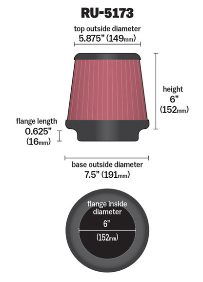 K&N Engineering K&N Universal Clamp-On Air Filter 6in FLG / 7-1/2in B / 5-7/8in T / 6in H
