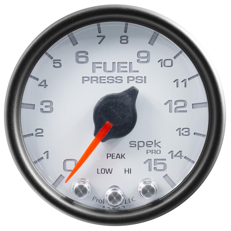 Autometer Spek-Pro Gauge Fuel Press 2 1/16in 15psi Stepper Motor W/Peak & Warn Wht/Blk