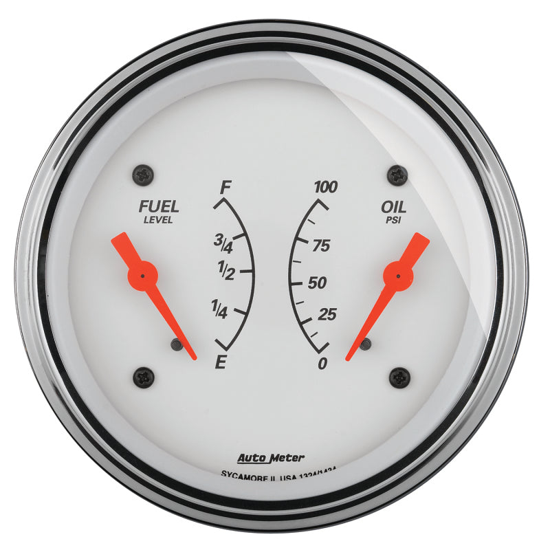 AutoMeter Gauge Dual Fuel & Oilp 3-3/8in. 240 Ohm(e) to 33 Ohm(f) & 100PSI Elec Arctic White