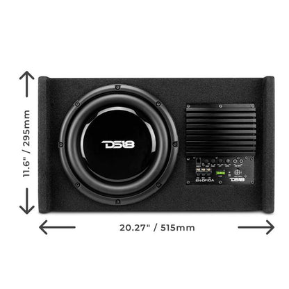 DS18 Single 10in Shallow Subwoofer & Enclosure 300 Watt RMS Downfiring Sealed Black Carpet Amplified