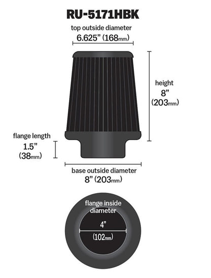K&N Engineering K&N Universal Rubber Filter-Round Tapered 4in Flange ID x 8in Base OD x 6.625in Top OD x 8in H