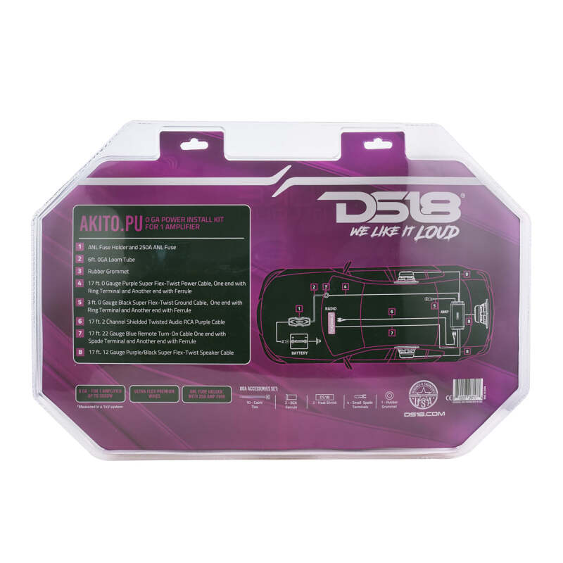 DS18 0-GA Amplifier Install Kit Advance- Purple