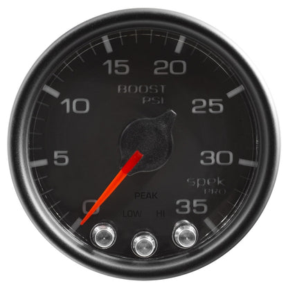 Autometer Spek-Pro Gauge Boost 2 1/16in 35psi Stepper Motor W/Peak & Warn Black/Black