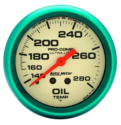 AutoMeter Gauge Oil Temp 2-5/8in. 140-280 Deg. F Liquid Filled Mech Glow In Dark Ultra-Nite