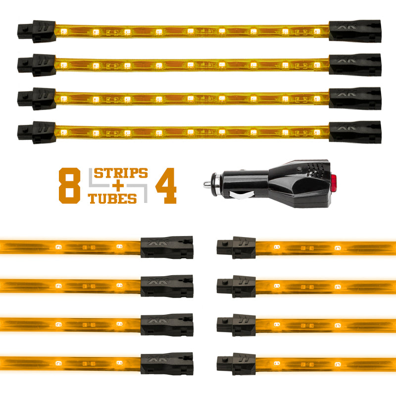 XKGLOW XK Glow Strip Single Color Underglow LED Accent Light Car/Truck Kit Amber - 8x24In Tube + 4x8In
