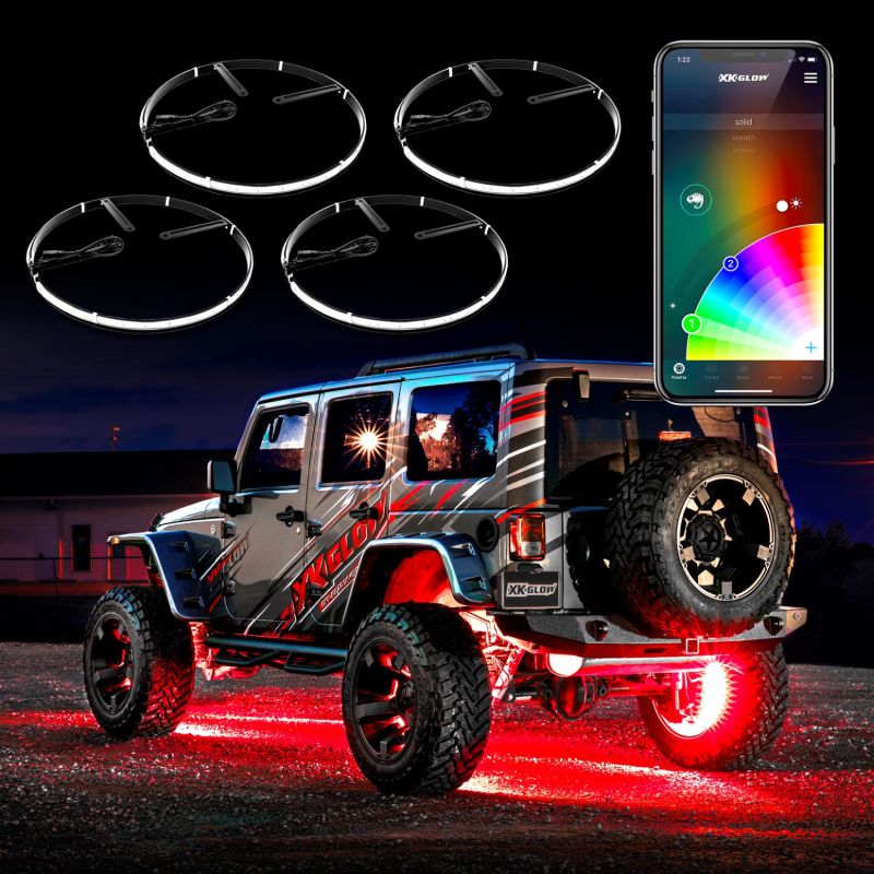 XKGLOW XK Glow Wheel Ring Light Kit XKchrome App controlled w/ Turn Signal Function 4pc 15In