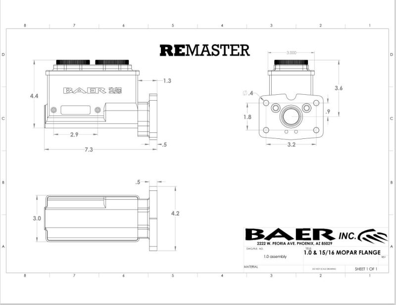 Baer Brakes Mopar 1in Bore Remaster 4-Bolt Right Port Master Cylinder Assembly - Polished