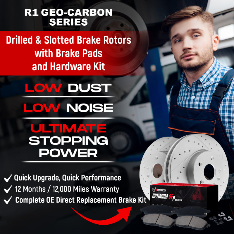 R1 Concepts R1 14-18 Kia Forte Koup Front Drill/Slot Carbon Coated Rotor Set w/Optimum Pads