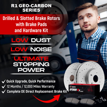 R1 Concepts R1 14-18 Kia Forte Koup Front Drill/Slot Carbon Coated Rotor Set w/Optimum Pads