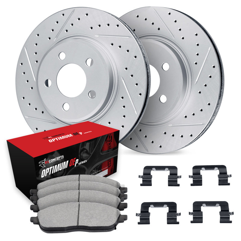 R1 Concepts R1 14-18 Kia Forte Koup Front Drill/Slot Carbon Coated Rotor Set w/Optimum Pads