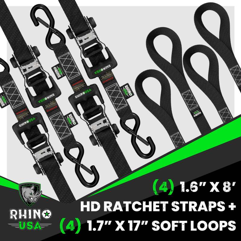 Rhino USA Heavy Duty Ratchet Tie-Down 4-Pack (Black) 1.6In X 8Ft